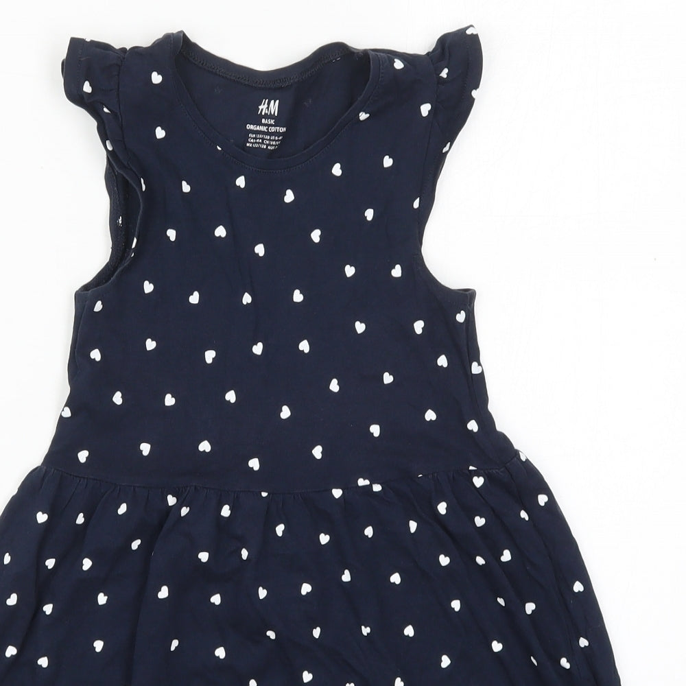 H&M Girls Blue Geometric Cotton Skater Dress  Size 7-8 Years  Round Neck Pullover - Love Hearts