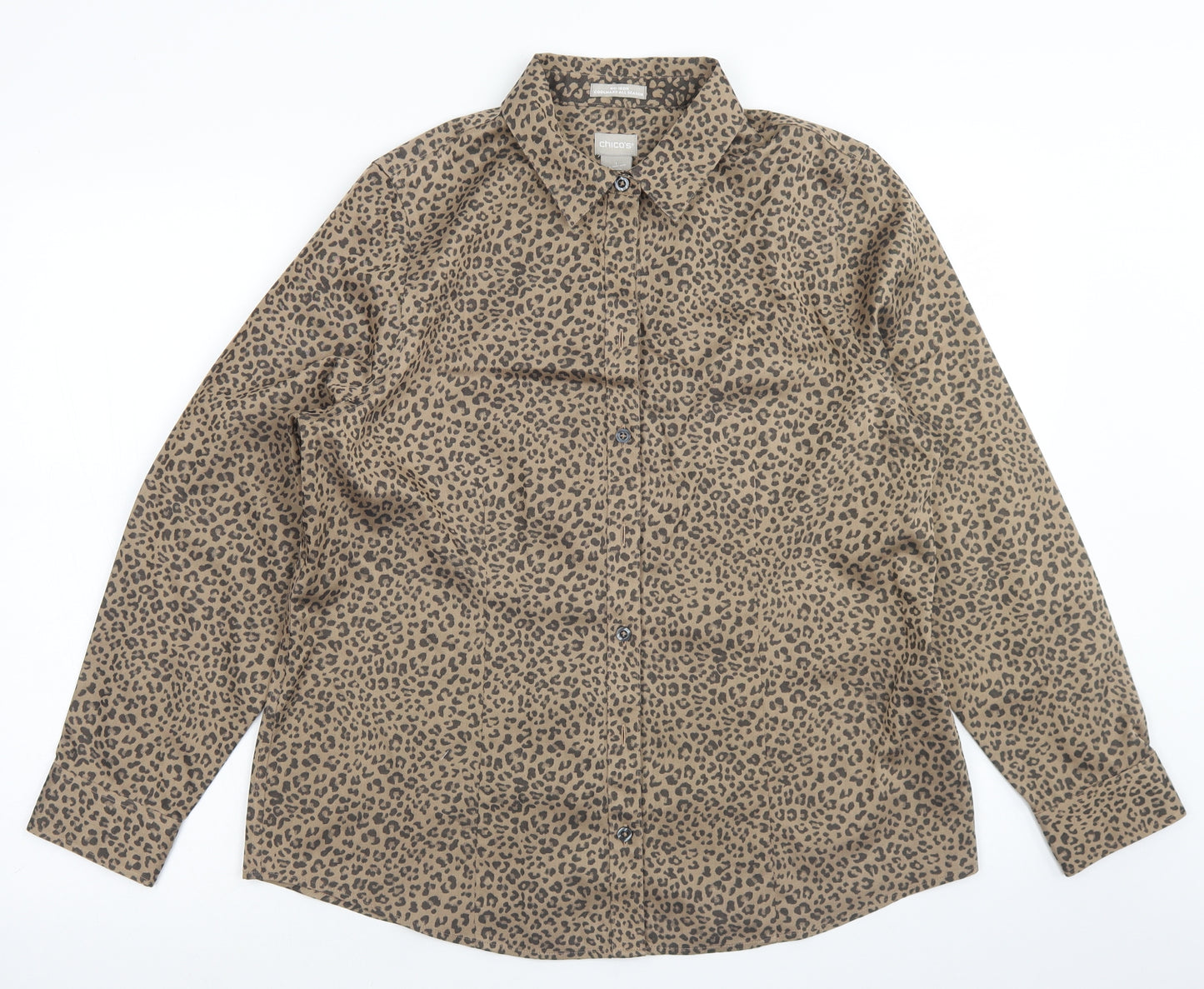 Chico's Womens Brown Animal Print Cotton Basic Button-Up Size 10 Collared - Coolmax