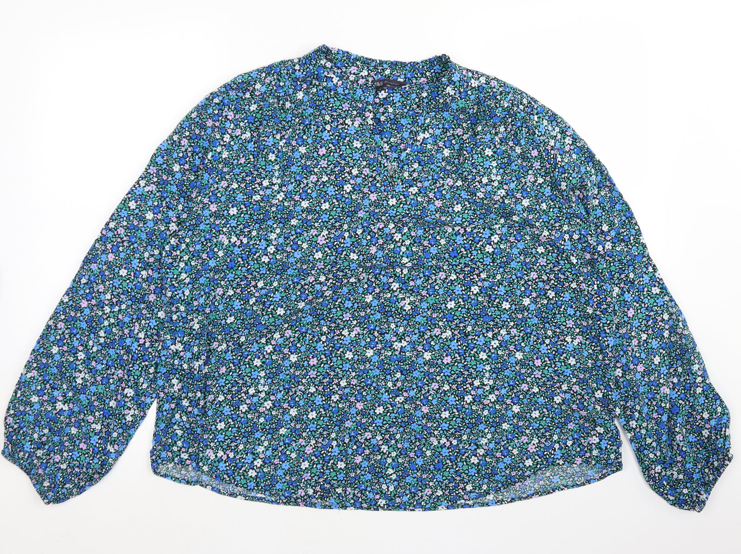 M&S Collection Womens Blue Floral Viscose Basic Blouse Size 12 Round Neck