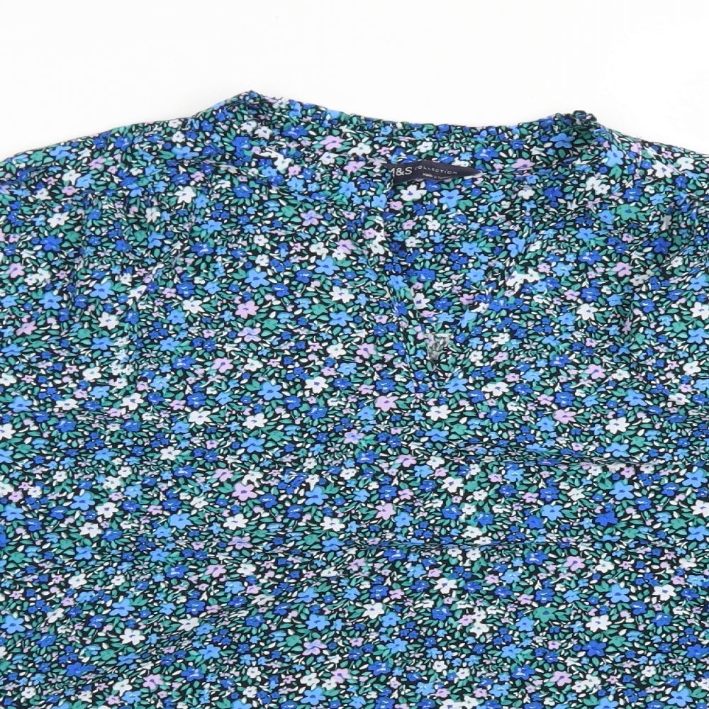 M&S Collection Womens Blue Floral Viscose Basic Blouse Size 12 Round Neck