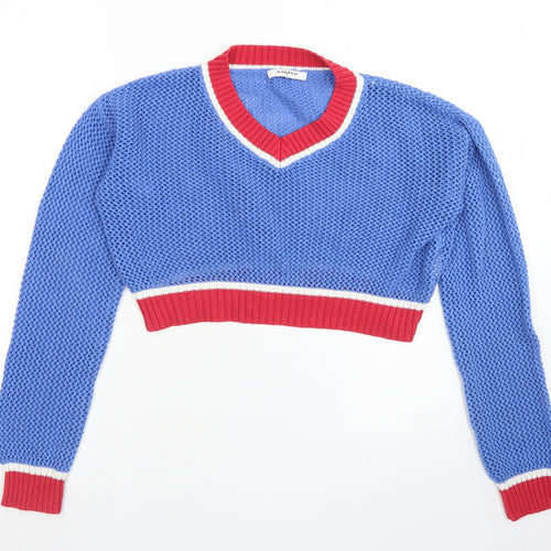 Glamorous Womens Blue V-Neck  Acrylic Pullover Jumper Size S   - Cropped