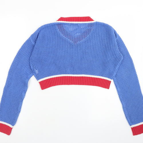 Glamorous Womens Blue V-Neck  Acrylic Pullover Jumper Size S   - Cropped