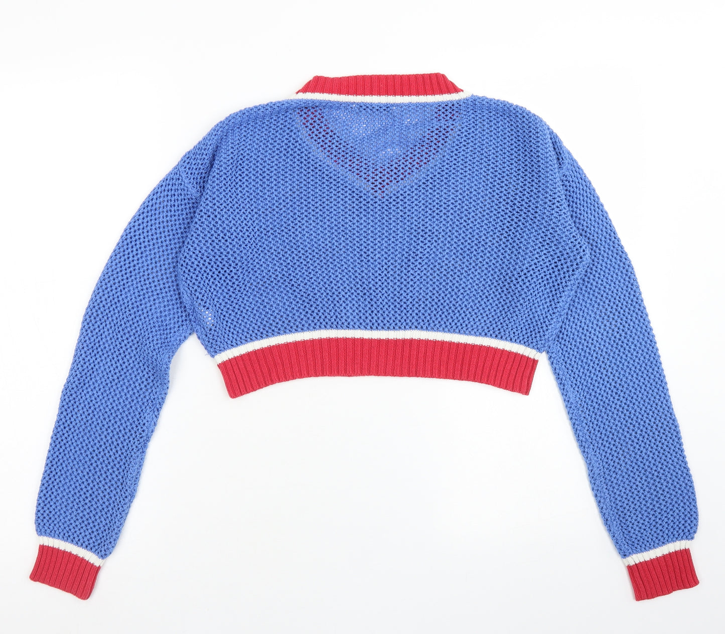 Glamorous Womens Blue V-Neck  Acrylic Pullover Jumper Size S   - Cropped