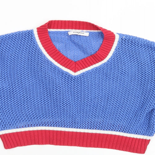 Glamorous Womens Blue V-Neck  Acrylic Pullover Jumper Size S   - Cropped
