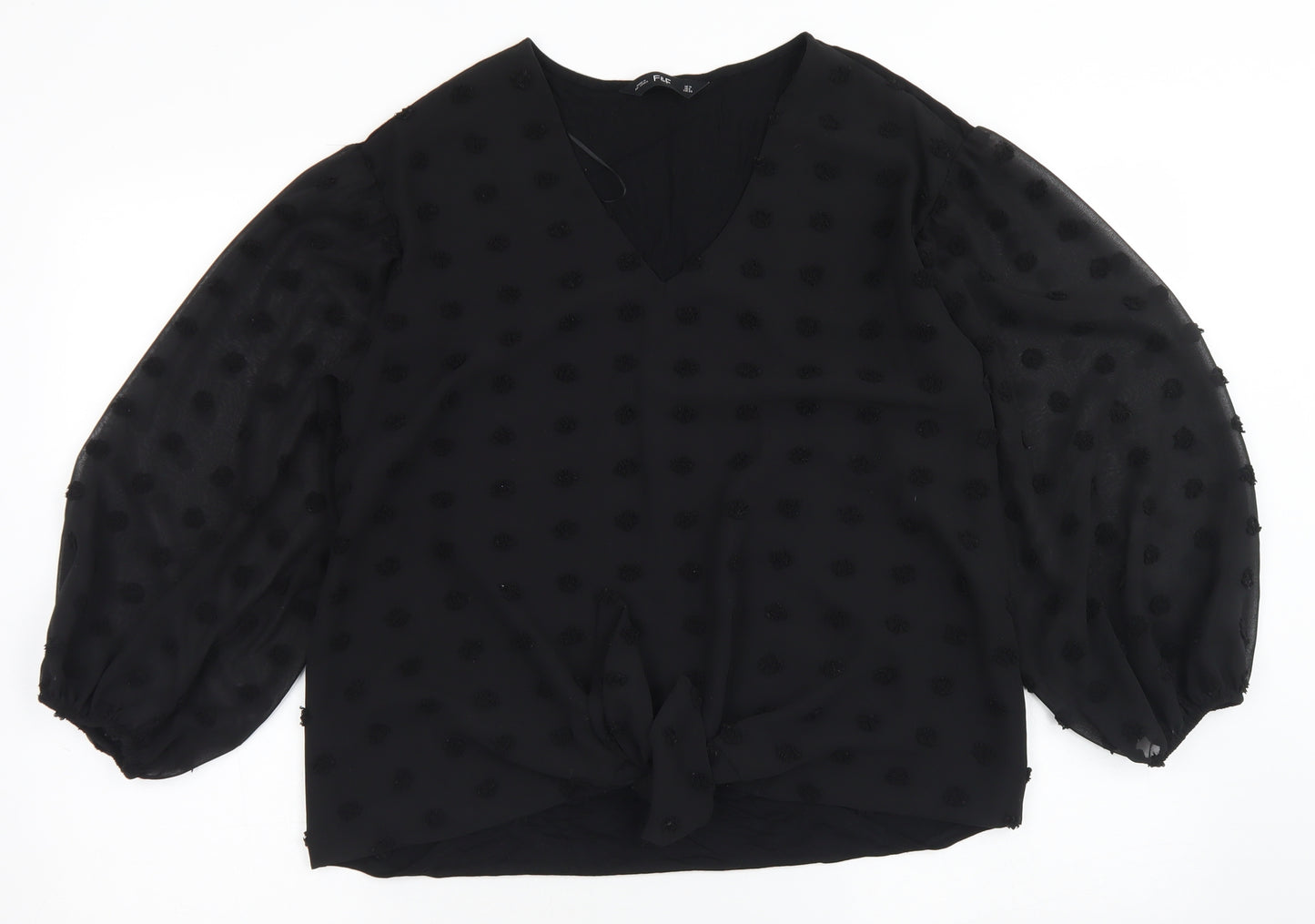 F&F Womens Black Polka Dot Polyester Basic Blouse Size 10 Round Neck - Puff Sleeve
