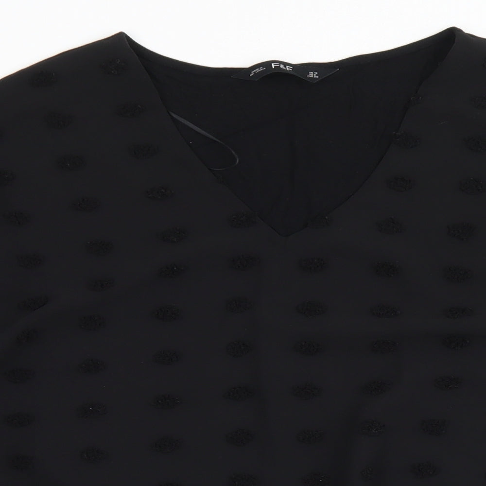 F&F Womens Black Polka Dot Polyester Basic Blouse Size 10 Round Neck - Puff Sleeve
