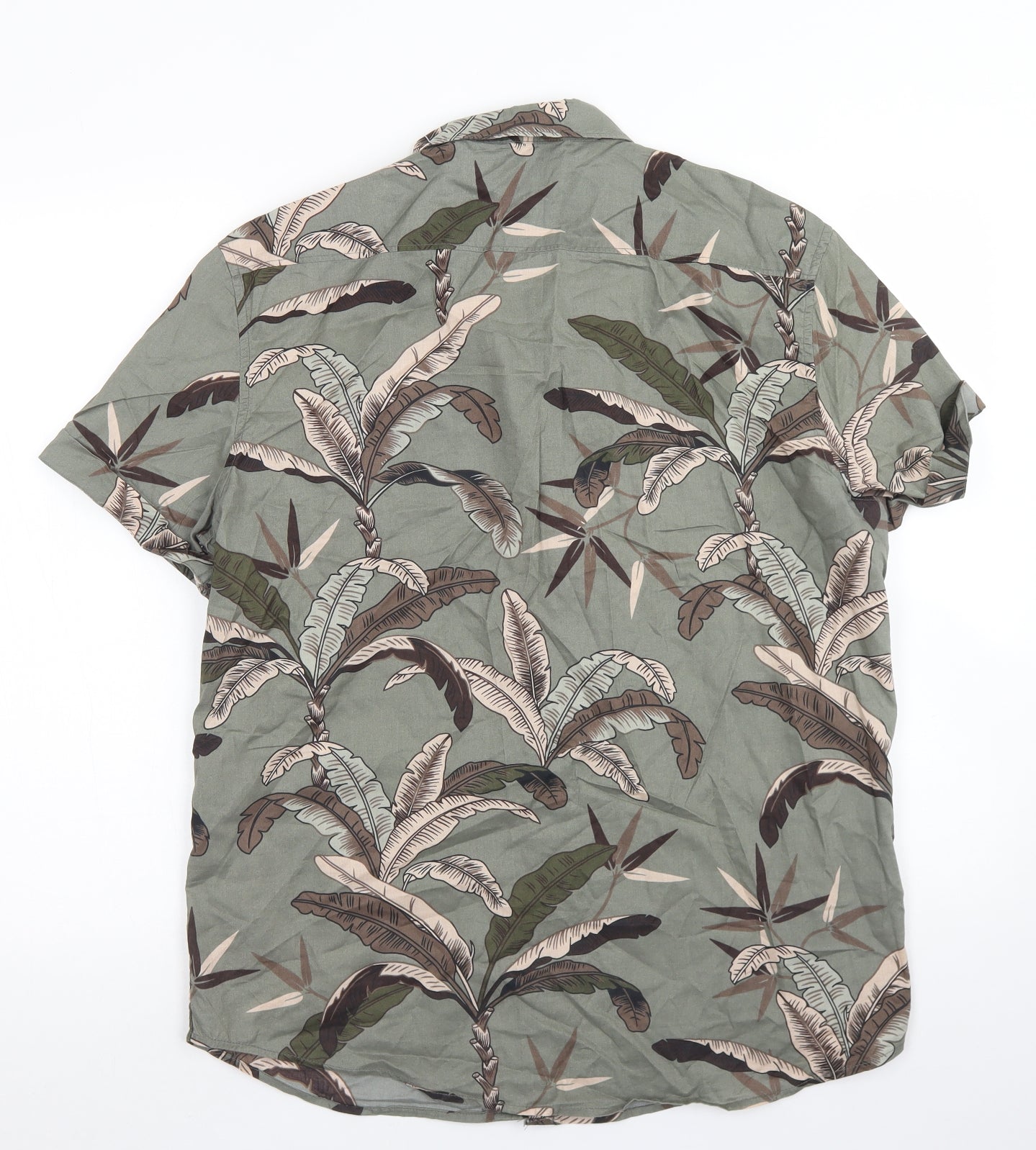 H&M Mens Green Floral Cotton  Button-Up Size M Collared Button