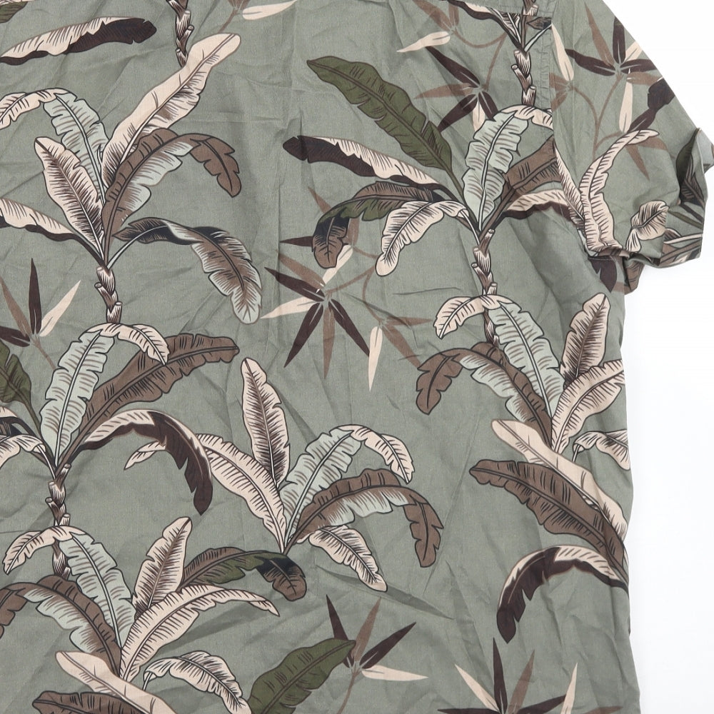 H&M Mens Green Floral Cotton  Button-Up Size M Collared Button