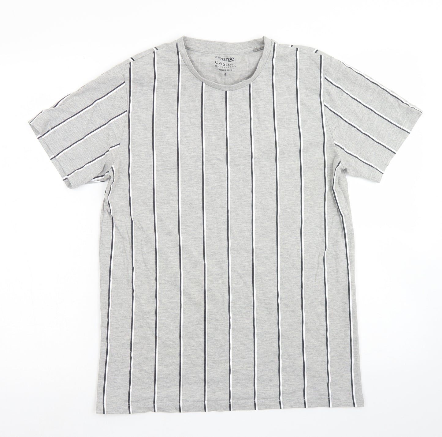 George Mens Grey Striped Cotton  T-Shirt Size S Crew Neck