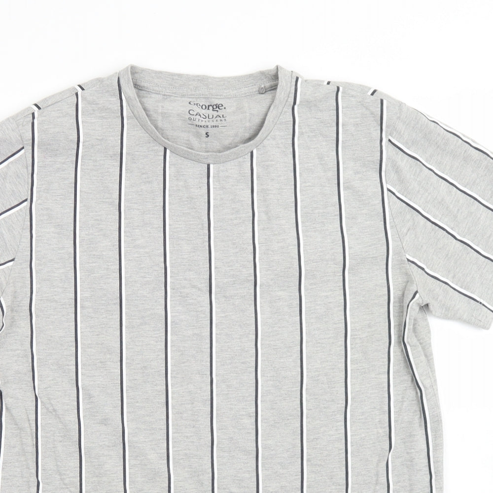 George Mens Grey Striped Cotton  T-Shirt Size S Crew Neck