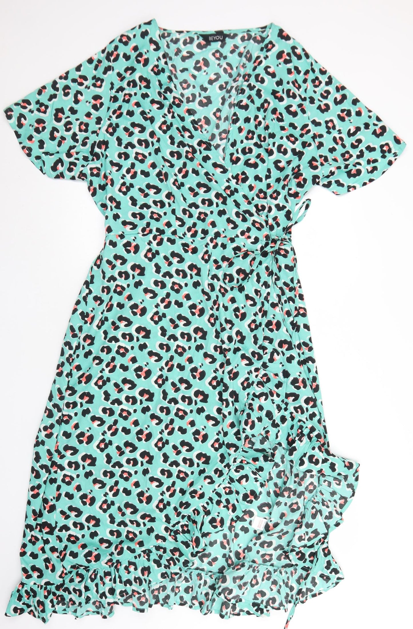 Be You Womens Green Animal Print Polyester Wrap Dress  Size 24  V-Neck Tie