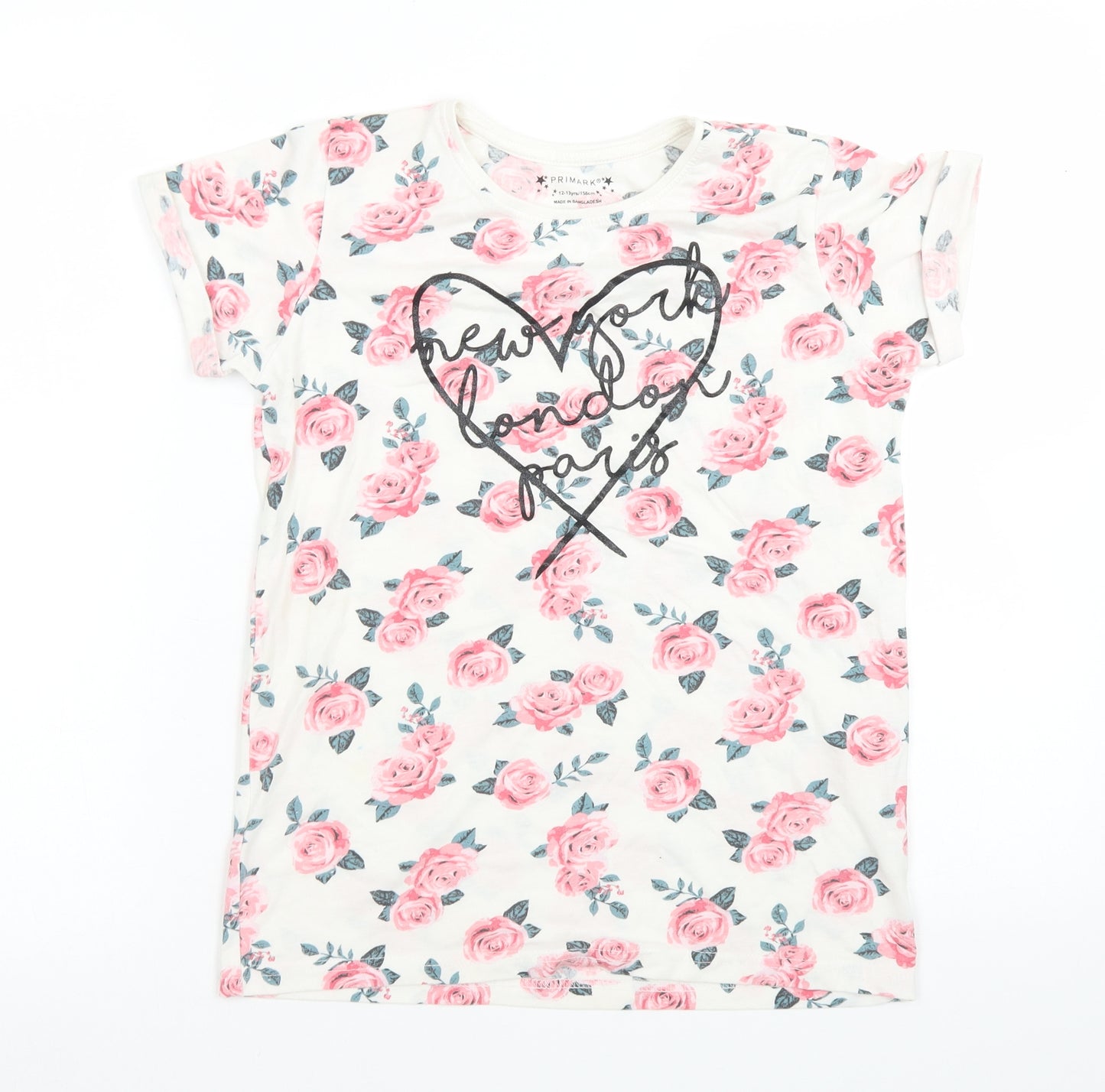 Primark Girls White Floral Polyester Basic T-Shirt Size 12-13 Years Crew Neck