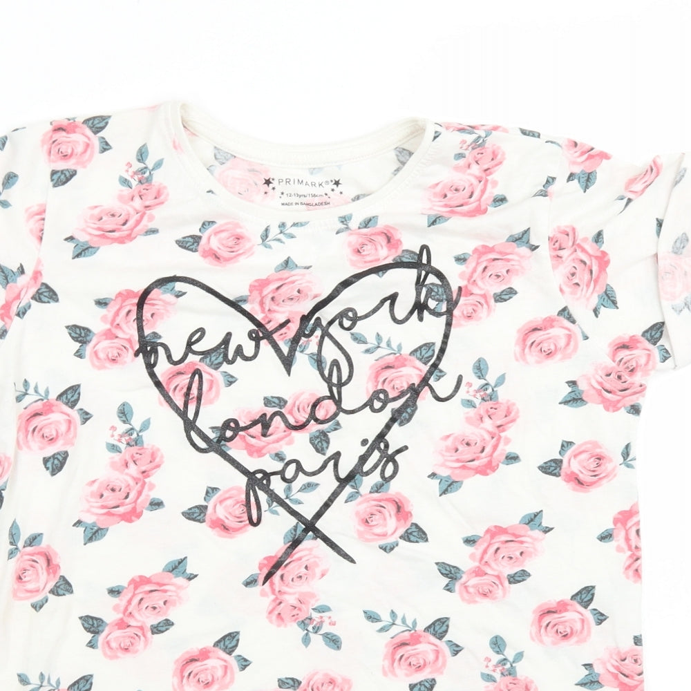 Primark Girls White Floral Polyester Basic T-Shirt Size 12-13 Years Crew Neck