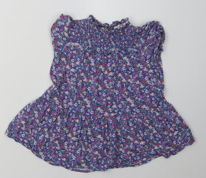 NEXT Girls Blue Floral Viscose A-Line Size 4 Years Crew Neck Button