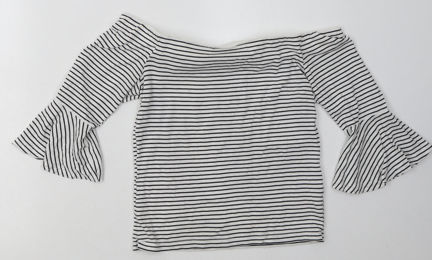 Topshop Womens White Striped Cotton Basic T-Shirt Size 10 Off the Shoulder
