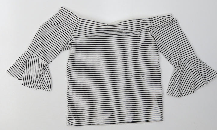 Topshop Womens White Striped Cotton Basic T-Shirt Size 10 Off the Shoulder