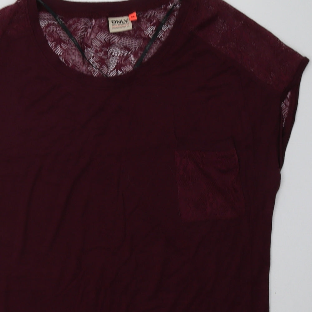 Only Womens Purple  Viscose Basic T-Shirt Size XL Crew Neck - Lace Detail
