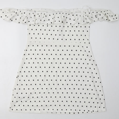 Missguided Womens White Polka Dot Polyester A-Line  Size 14  Off the Shoulder Pullover