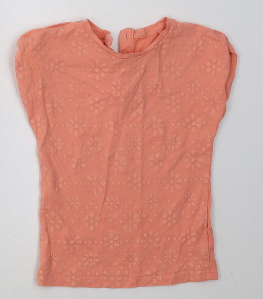 Front view of TU girls’ pink floral cotton basic t-shirt, size 18-24, months crew neck button