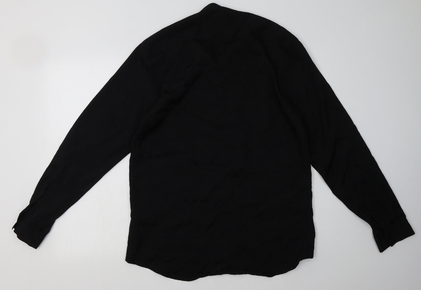 Zara Mens Black Geometric Polyester  Button-Up Size L V-Neck Button