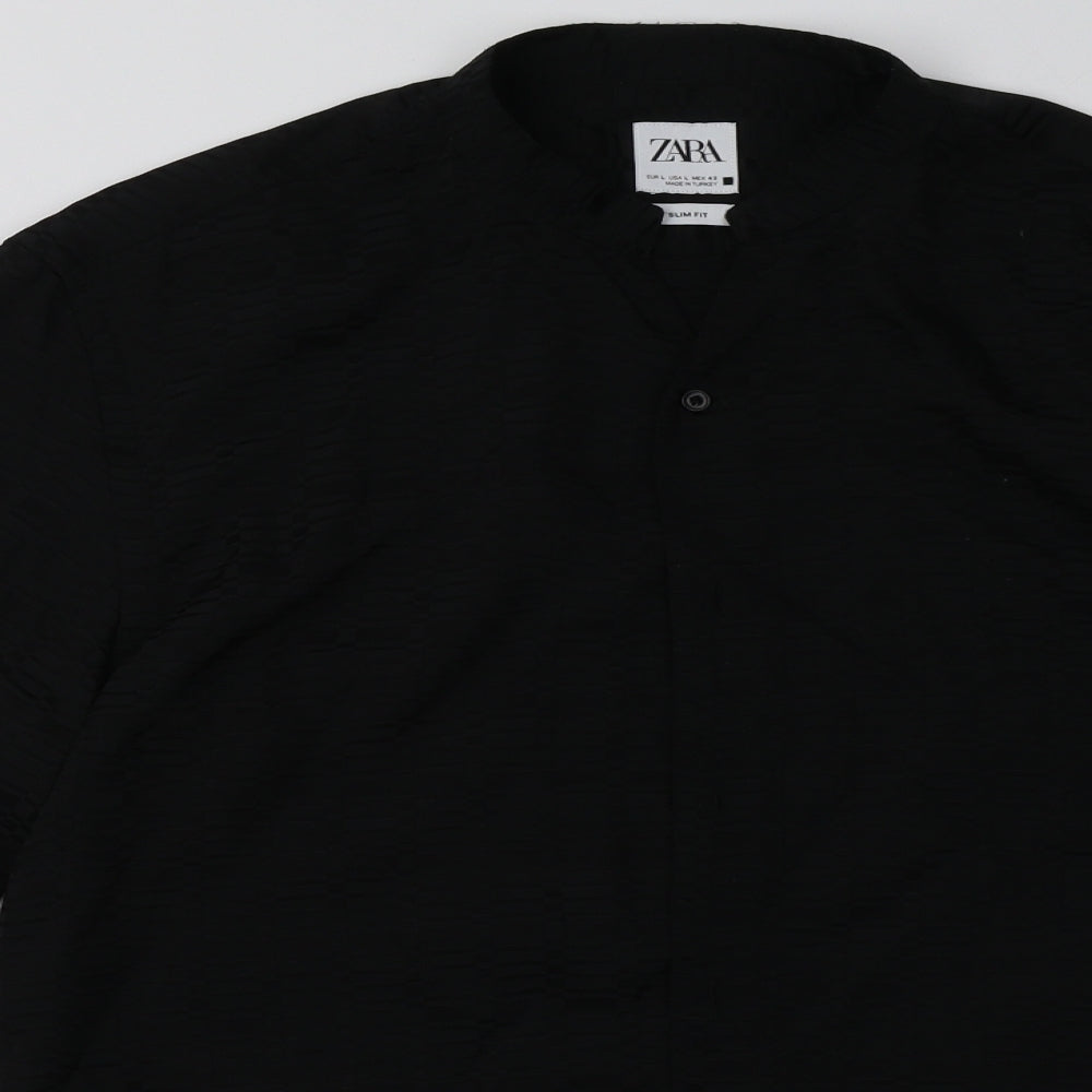 Zara Mens Black Geometric Polyester  Button-Up Size L V-Neck Button