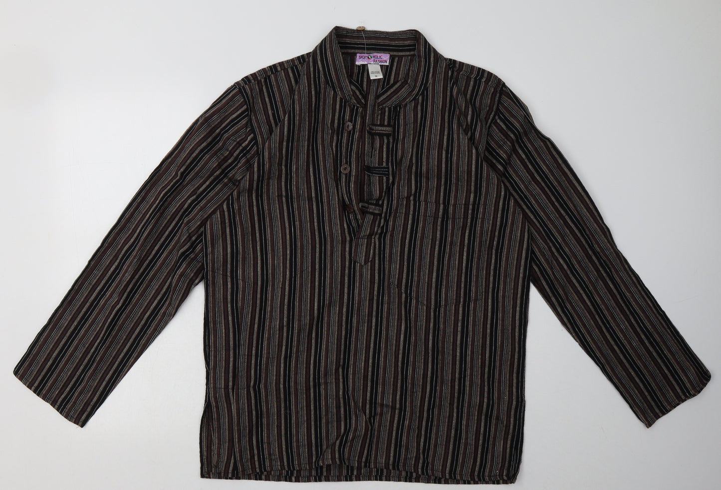 HOLIC FASHION Mens Brown Striped Cotton  Button-Up Size M V-Neck Button