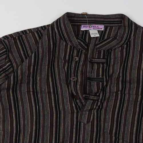 HOLIC FASHION Mens Brown Striped Cotton  Button-Up Size M V-Neck Button