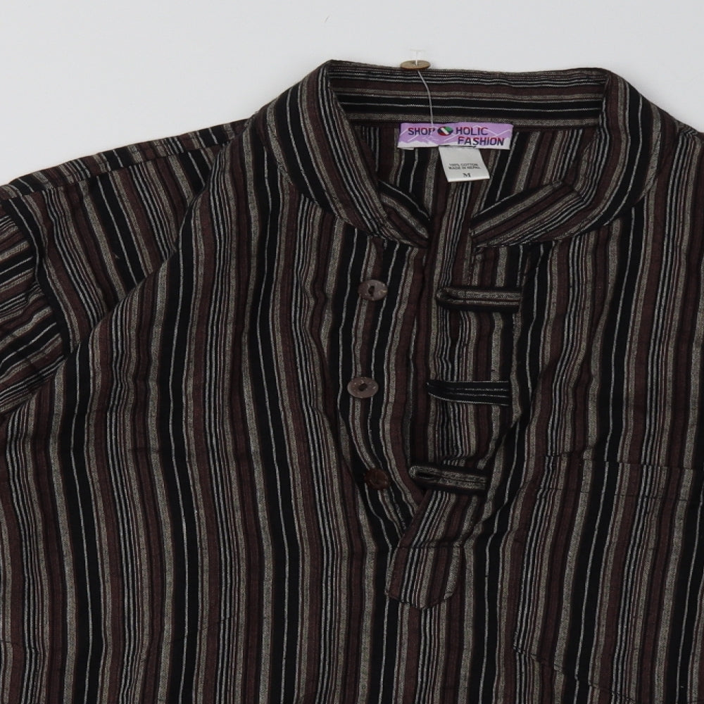 HOLIC FASHION Mens Brown Striped Cotton  Button-Up Size M V-Neck Button