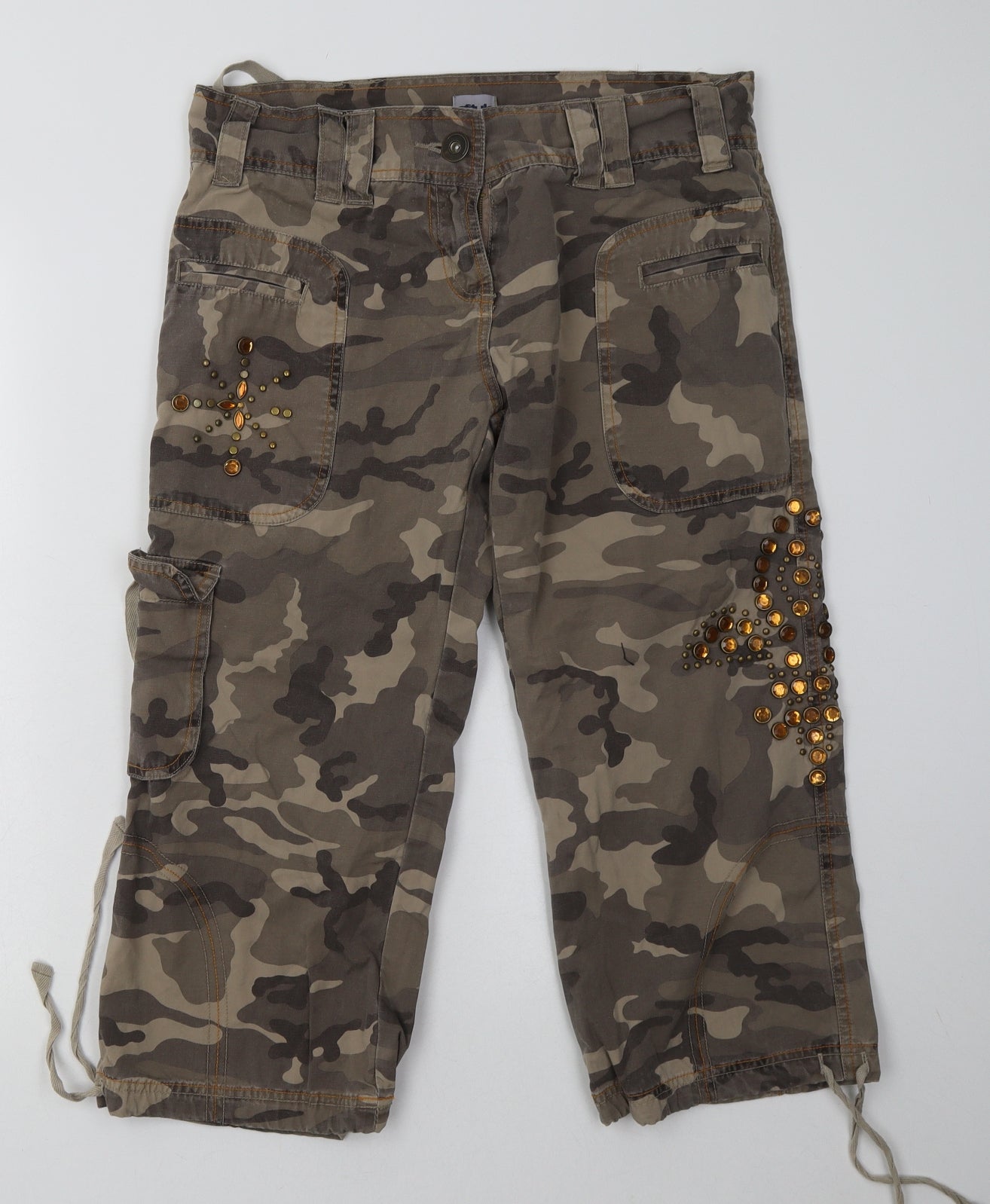 cfluk Womens Green Camouflage Cotton Cropped Trousers Size 12 L24 in Regular Button