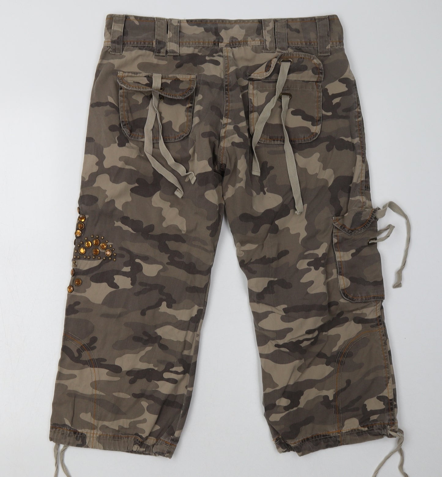 cfluk Womens Green Camouflage Cotton Cropped Trousers Size 12 L24 in Regular Button