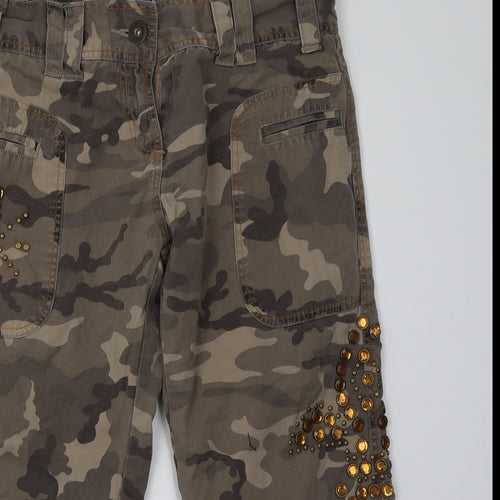 cfluk Womens Green Camouflage Cotton Cropped Trousers Size 12 L24 in Regular Button