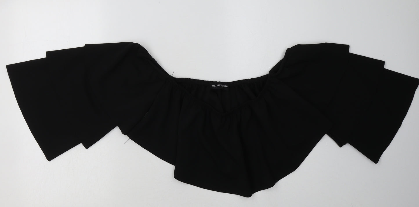 PRETTYLITTLETHING Womens Black  Polyester Cropped Blouse Size 14 Off the Shoulder
