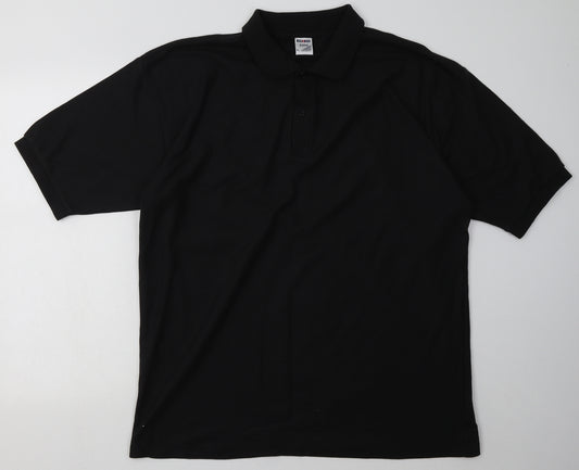Front view of JERZEES men’s black polyester polo, size XL, collared button