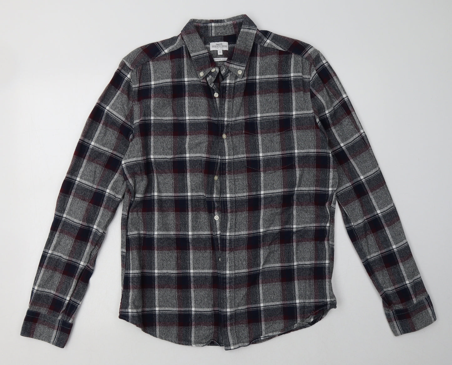 NEXT Mens Grey Check Cotton  Button-Up Size M Collared Button