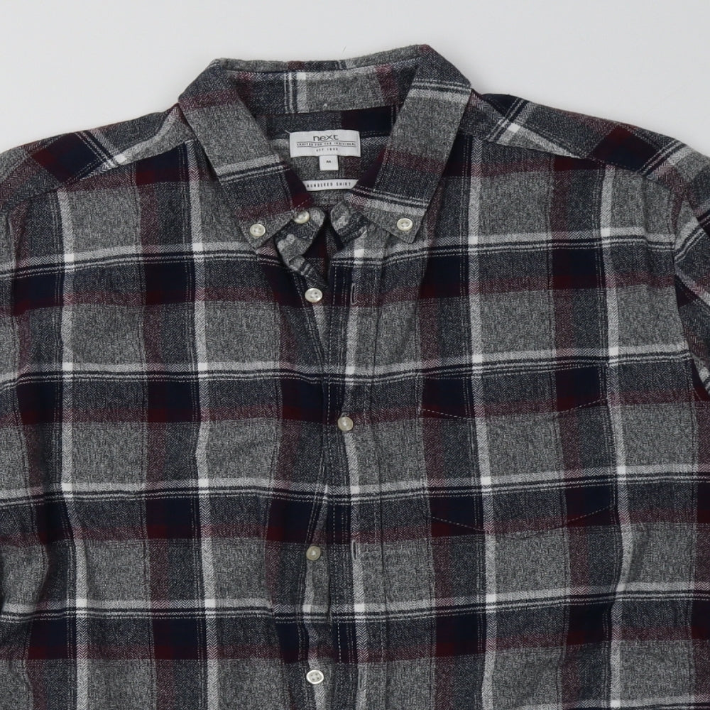 NEXT Mens Grey Check Cotton  Button-Up Size M Collared Button