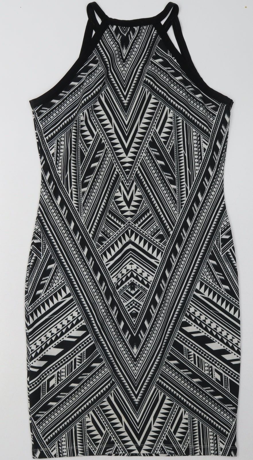 Miss Selfridge Womens Black Geometric Polyester Bodycon  Size 10  Crew Neck Pullover