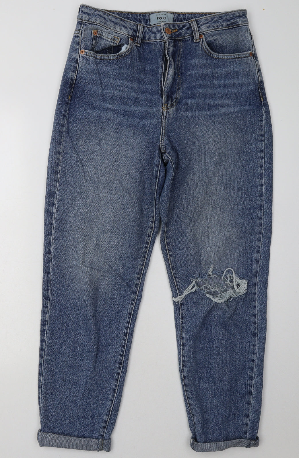 New Look Womens Blue  Cotton Mom Jeans Size 10 L30 in Regular Button - one rip knee