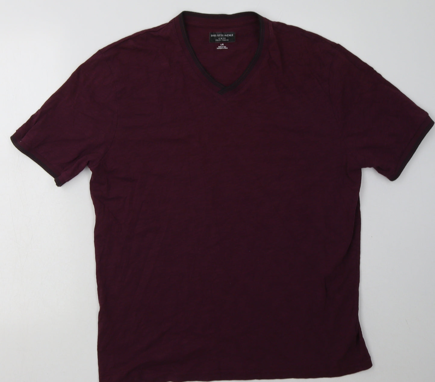 Saks Fifth Avenue Mens Purple  Cotton  T-Shirt Size L V-Neck