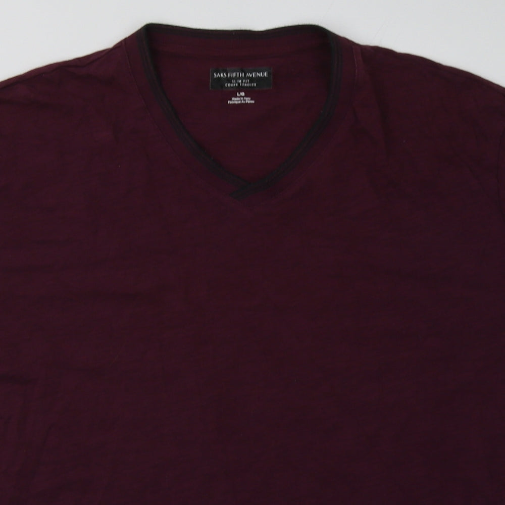 Saks Fifth Avenue Mens Purple  Cotton  T-Shirt Size L V-Neck