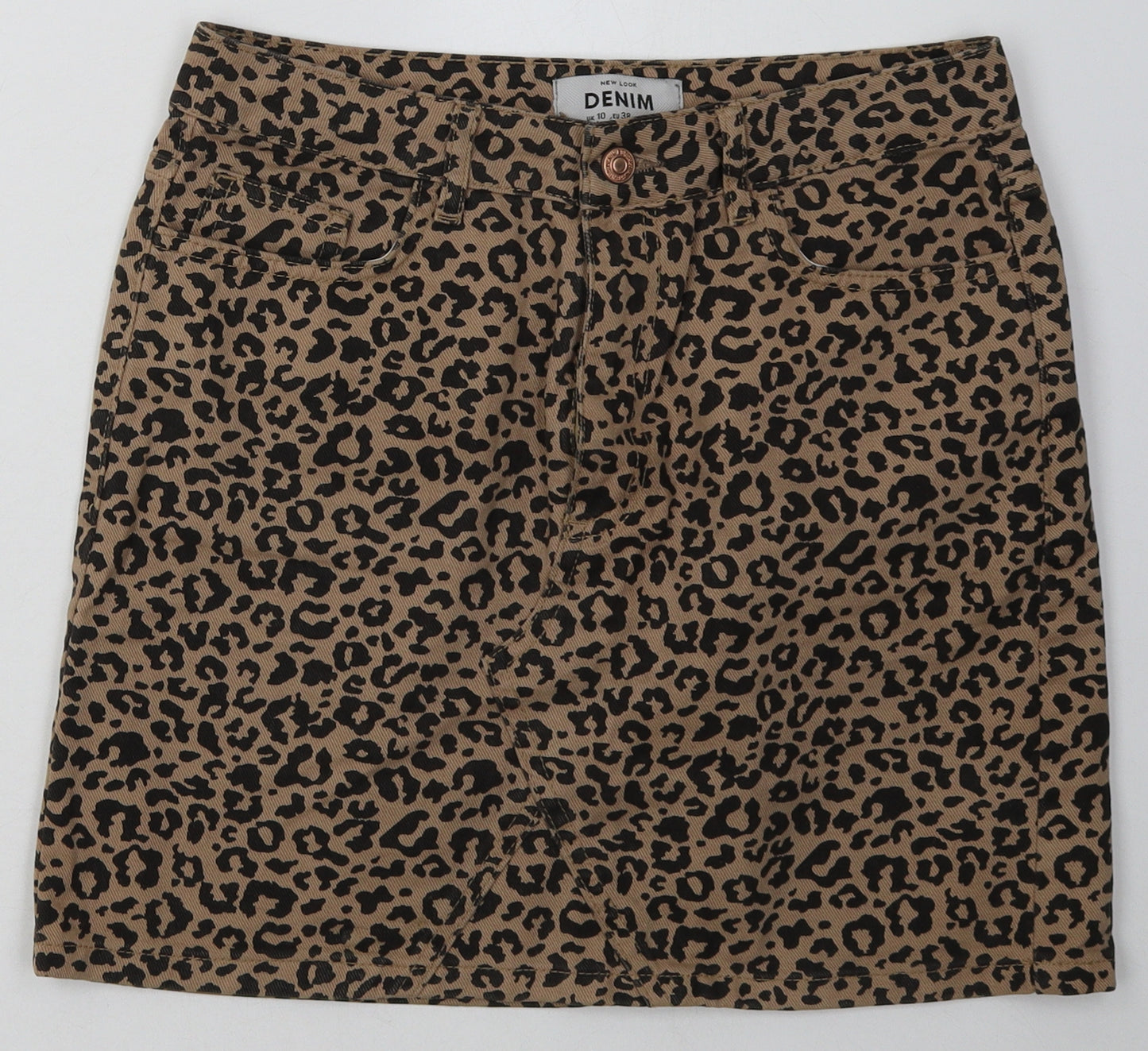 New Look Womens Brown Animal Print Cotton A-Line Skirt Size 10   Buckle