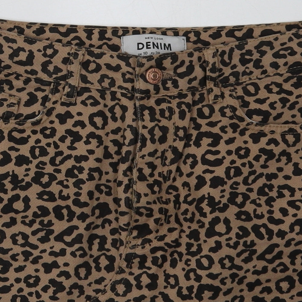 New Look Womens Brown Animal Print Cotton A-Line Skirt Size 10   Buckle