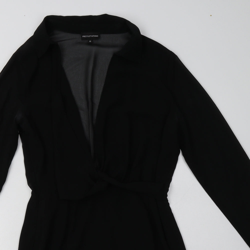 PRETTYLITTLETHING Womens Black  Polyester A-Line  Size 10  Collared Pullover