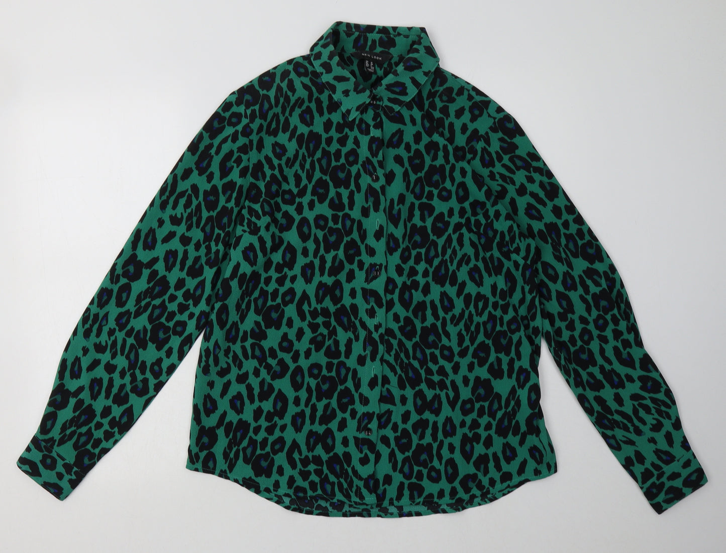 New Look Womens Green Animal Print Polyester Basic Button-Up Size 12 Collared
