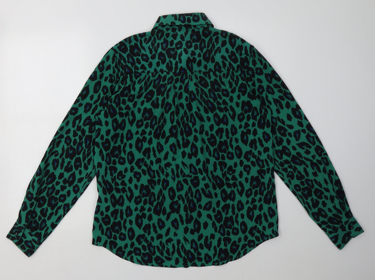 New Look Womens Green Animal Print Polyester Basic Button-Up Size 12 Collared