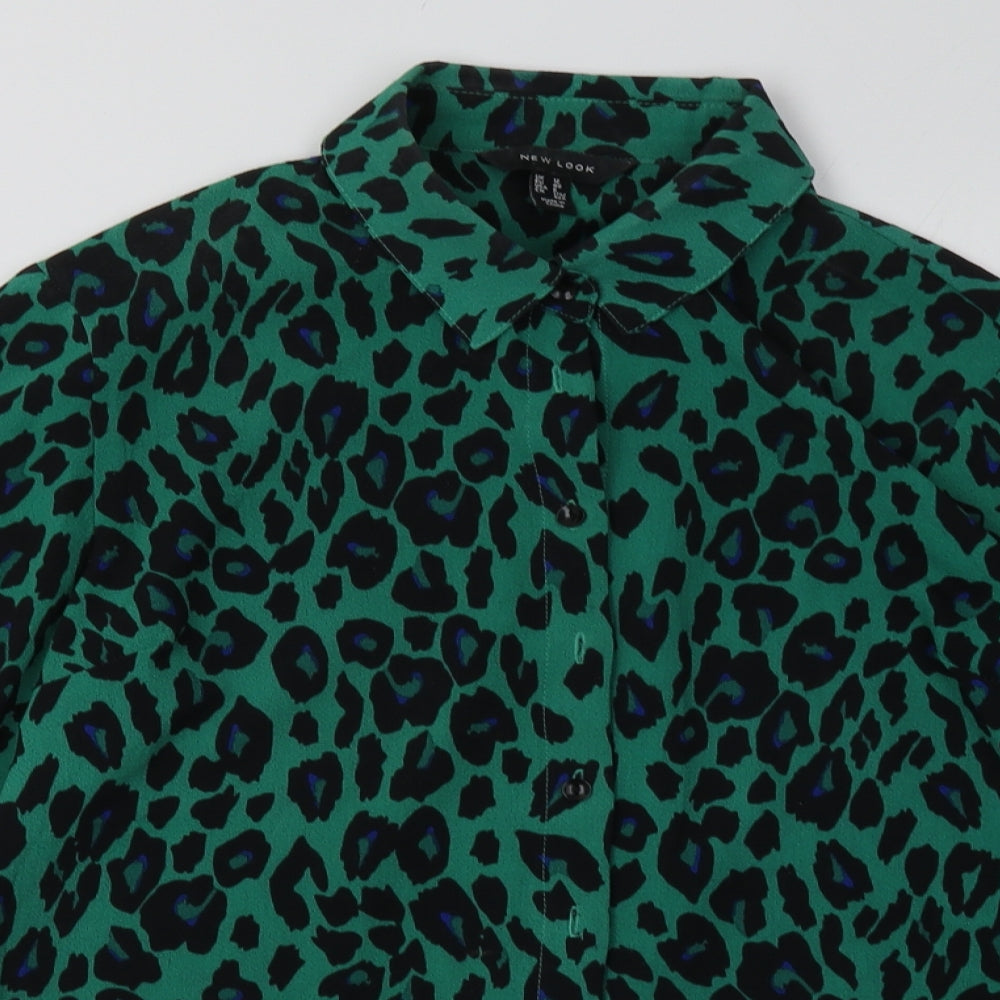 New Look Womens Green Animal Print Polyester Basic Button-Up Size 12 Collared