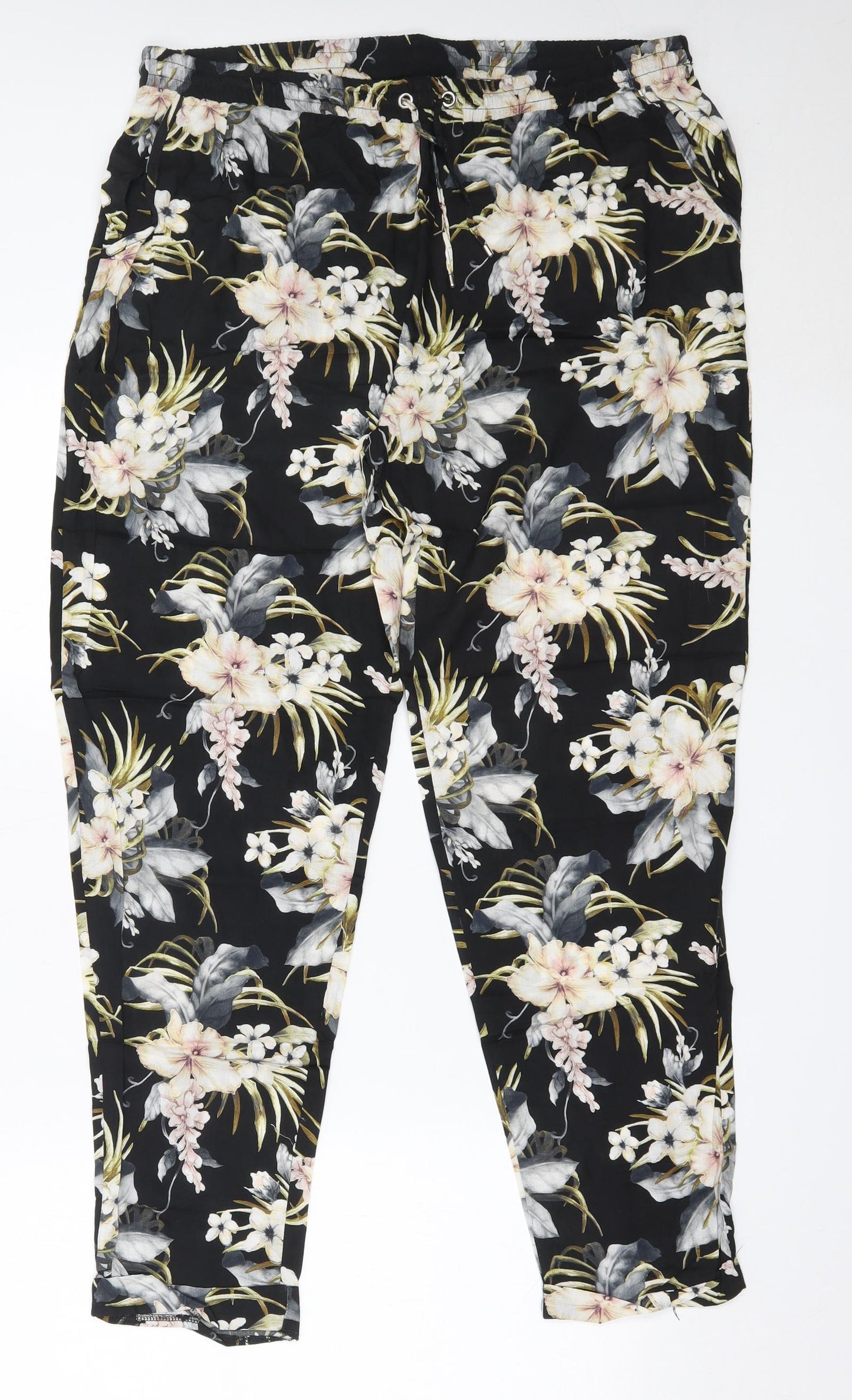 Dorothy Perkins Womens Black Floral Viscose Trousers  Size 16 L29 in Regular