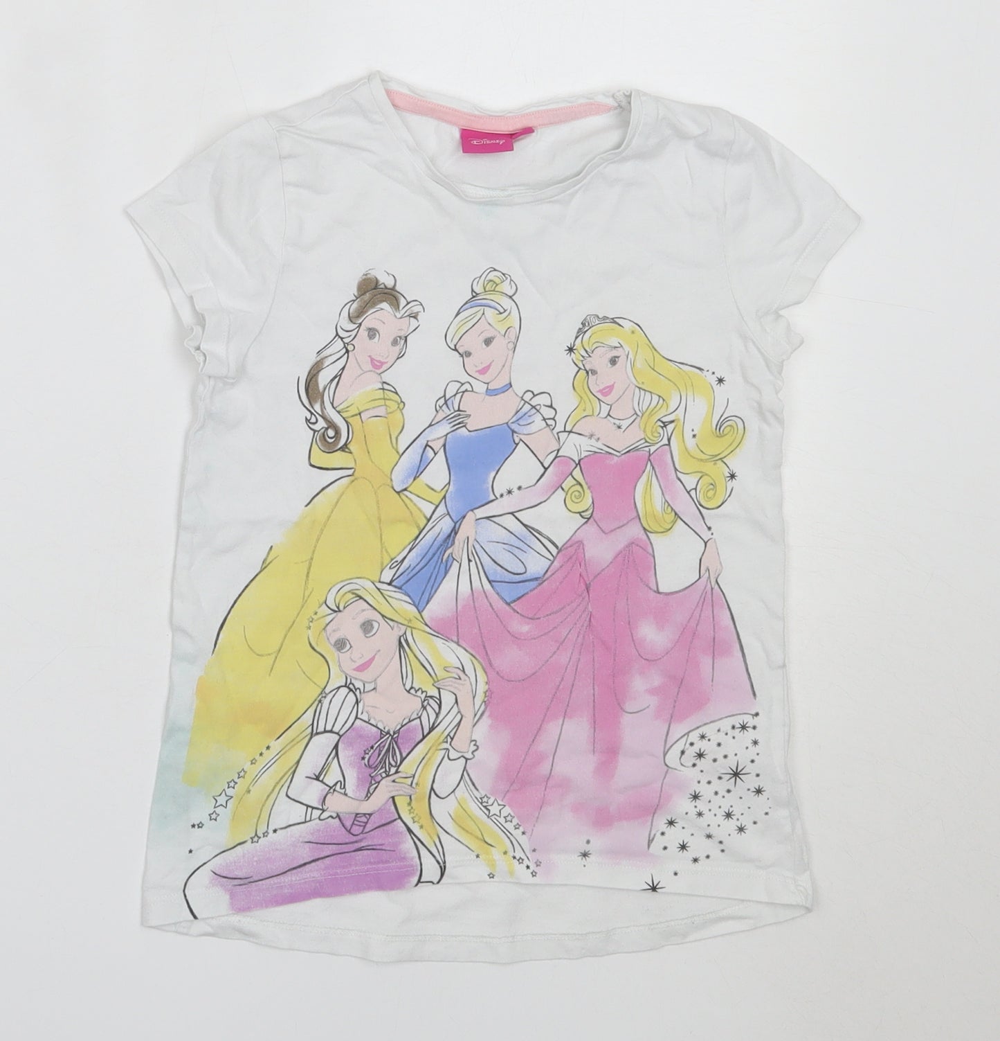 Disney Girls White  Cotton Basic T-Shirt Size 7 Years Round Neck  - disney princess