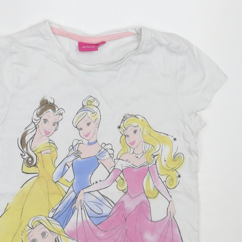 Disney Girls White  Cotton Basic T-Shirt Size 7 Years Round Neck  - disney princess