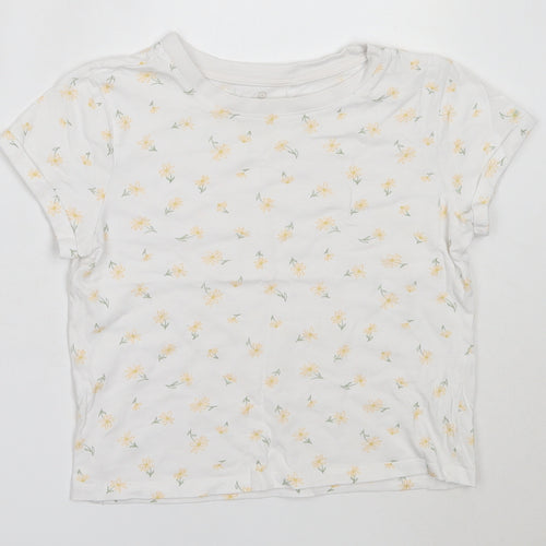 Preworn Girls White Floral Cotton Basic T-Shirt Size 8 Years Round Neck