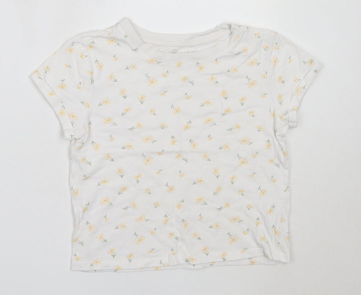 Preworn Girls White Floral Cotton Basic T-Shirt Size 8 Years Round Neck
